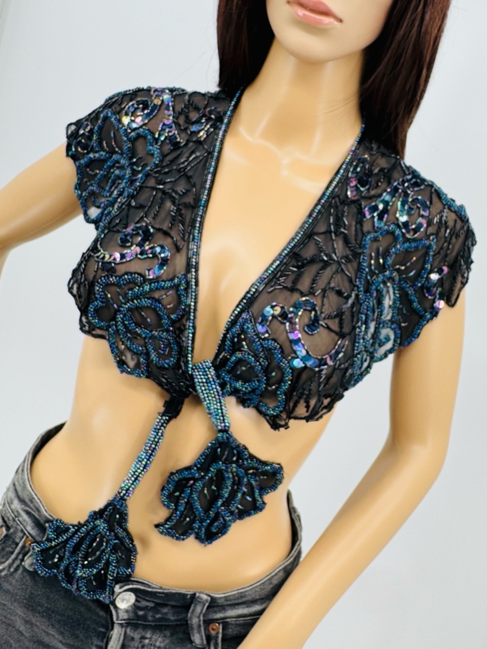 Vintage 70s Ethereal Whimsigoth Fairy 
 Festival Disco Beaded Crop Top Capelet